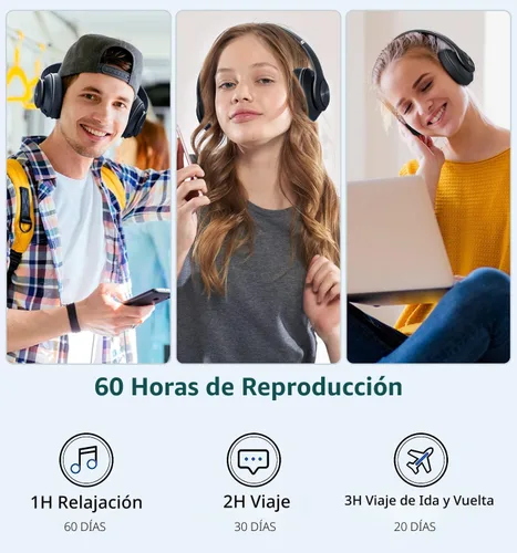 Vista 2 de Auriculares Bluetooth sobre la oreja, 60 horas de reproducción, plegables, inalámbricos, Bluetooth Hi-Fi estéreo de graves profundos con 6 modos