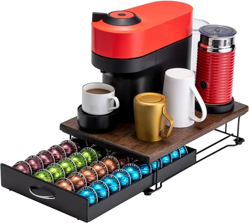 Vista 8 de FlagShip Soporte para cápsulas Nespresso, cajón de cápsulas Vertuo, almacenamiento de cápsulas de café para Vertuo Pod con elegante tapa de madera