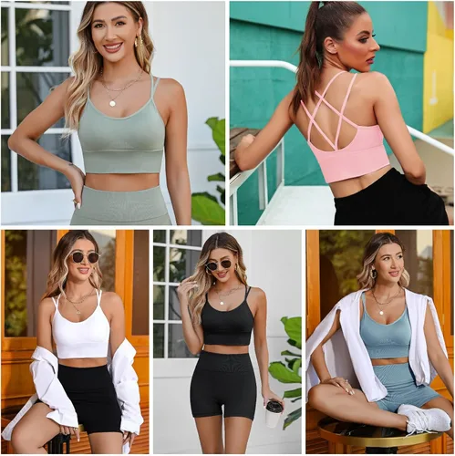 Vista 4 de Sykooria Paquete de 3 brasieres deportivos con tiras para mujer, sexy, entrecruzado, para yoga, correr, atletismo, gimnasio, entrenamiento, fitness