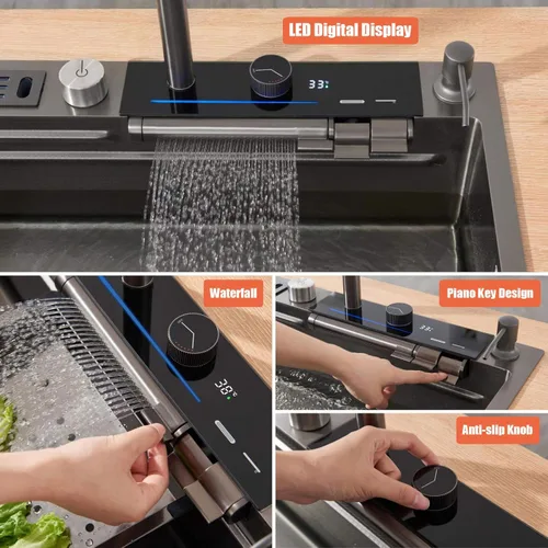 Vista 5 de BEITH Fregadero de cocina moderno, fregadero multifunción de 29 x 17 pulgadas, pantalla digital inteligente, cascada de ángulo ajustable con 3 modos