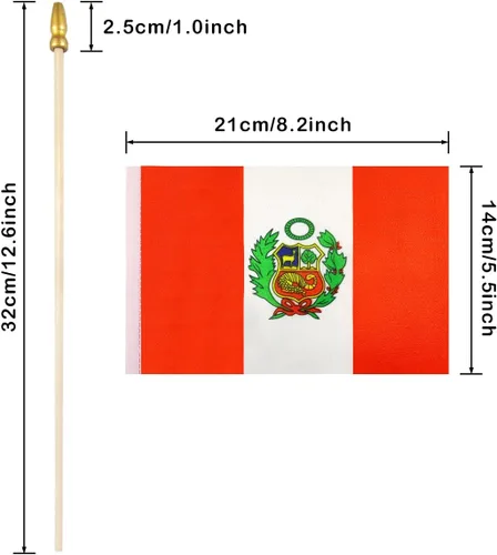 Vista 2 de QQSD Mini banderas de mano con bandera peruana de Perú, poste de madera maciza con punta de lanza, paquete de 12