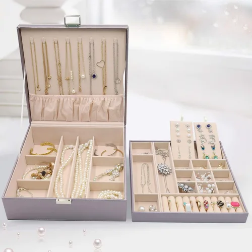 Vista 6 de ProCase - Joyero grande de cuero con dos niveles para organizar aretes, pulseras, anillos, relojes, para mujeres, niñas, regalo ideal para novia