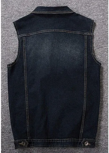 Vista 3 de Chaleco de mezclilla casual con botones para hombre, estilo vintage, sin mangas, con pantalones de mezclilla