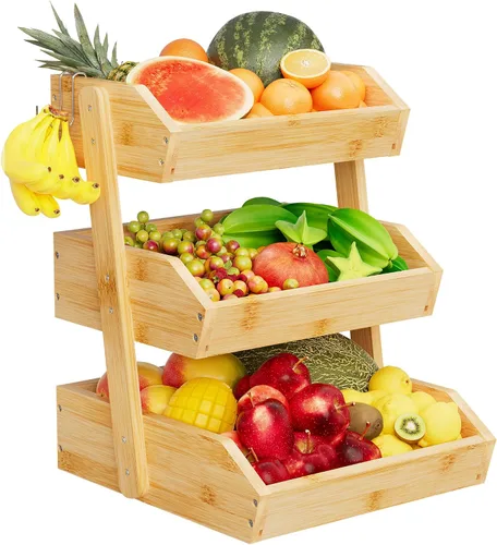 Vista 12 de Cesta de frutas de bambú de 2 niveles para encimera de cocina, encimera de almacenamiento de frutas de gran capacidad, soporte para frutas