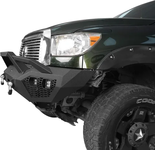 Vista 4 de Tundra parachoques delantero de ancho completo con aro y anillos en D y 4 focos LED de 18 W y placa deslizante para camionetas Toyota Tundra