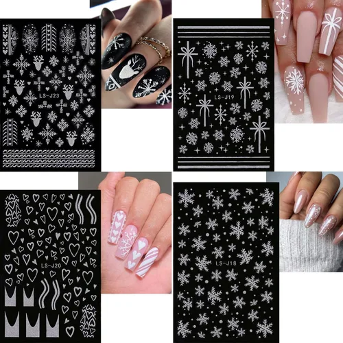 Vista 5 de 6 hojas de calcomanías de uñas de copo de nieve plateado con purpurina 3D, autoadhesivas, diseño de uñas de invierno, diseño de uñas de reno, copos