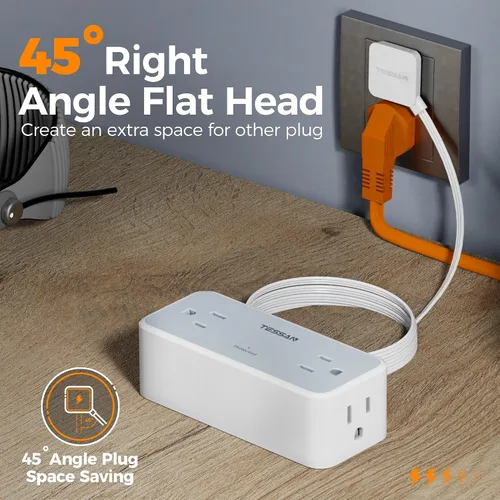 Vista 7 de Cable de extensión plano de 5 pies, TESSAN Regleta de protección contra sobretensiones con 4 tomas de CA ampliamente espaciadas, protección contra