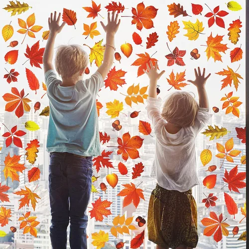 Vista 3 de 174 calcomanías de hojas de otoño para ventana, 9 hojas de arce, conos de pino, calcomanías estáticas de ventana para el día de Acción de Gracias