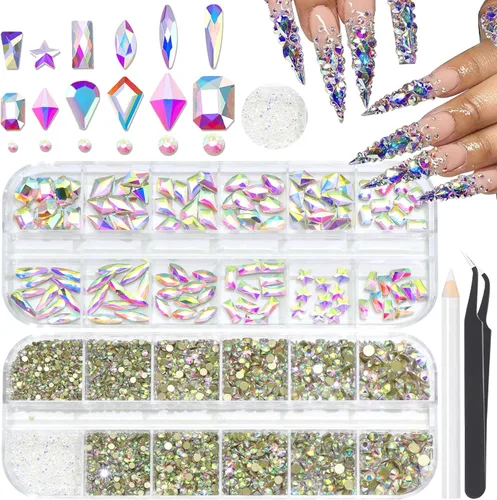 Vista 34 de 3520 diamantes de imitación de uñas color dorado champán para uñas, multiformas con parte trasera plana, diamantes de imitación redondos