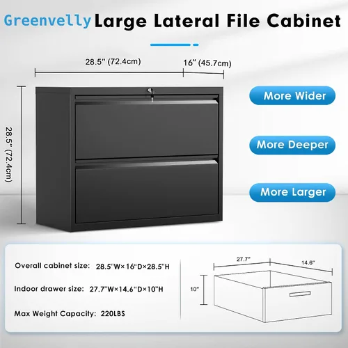 Vista 3 de Pataku Archivador lateral, archivador de 2 cajones con cerradura, archivadores negros para oficina en casa, archivador de metal para colgar