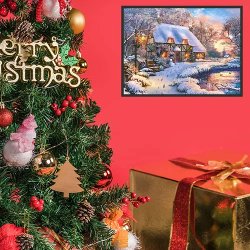 Vista 5 de wifreo Pintura de diamante 5D con escena de nieve navideña, kit de pintura de diamantes por números para adultos y niños, bordado redondo de punto