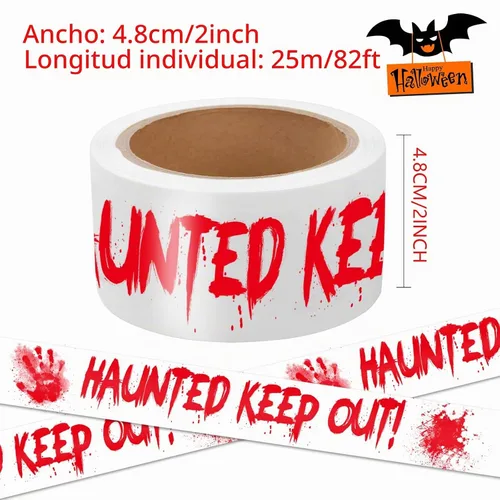Vista 2 de Cinta de precaución para decoración de Halloween, HAUNTED KEEP OUT rollo de precaución sangriento blanco de escena del crimen de 2 pulgadas x 82