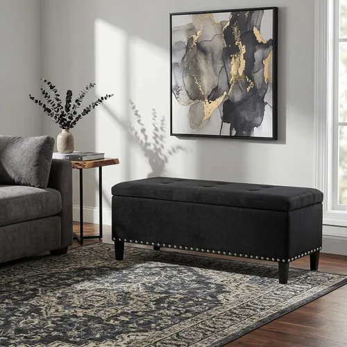 Vista 7 de otomana con almacenamiento de 41 pulgadas, banco otomano grande de almacenamiento para dormitorio Tufted Cotton Linen Bench with Nailhead Trim End