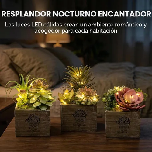 Vista 2 de Plantas artificiales de interior con luces LED, pequeñas plantas Niebla matutina