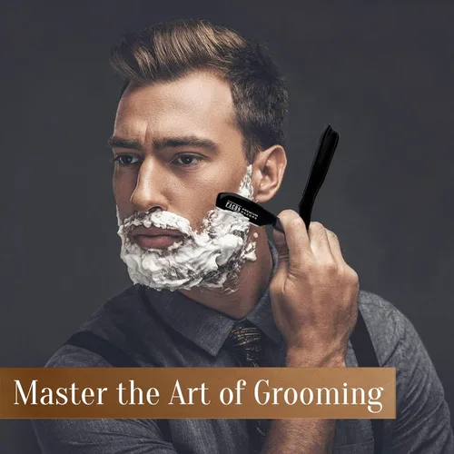 Vista 12 de Facón - Maquinilla de afeitar recta para hombre, kit profesional de afeitar de borde recto con 100 cuchillas, afeitadora barbero japonesa de acero