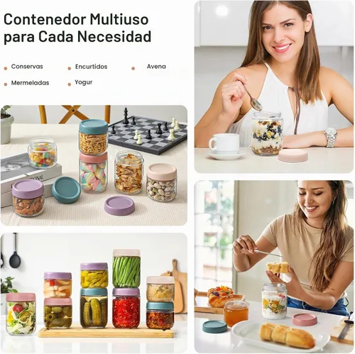Vista 7 de NETANY Paquete de 12 recipientes de avena durante la noche con tapas, tarros de vidrio Mason de 16 onzas, 10 onzas y 8 onzas 4 colores - 3 tamaños