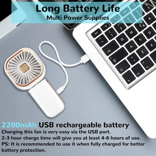Vista 7 de Mini ventilador de mano, pequeño ventilador portátil 3 en 1, ventiladores personales plegables recargables por USB con fuerte flujo de aire 2