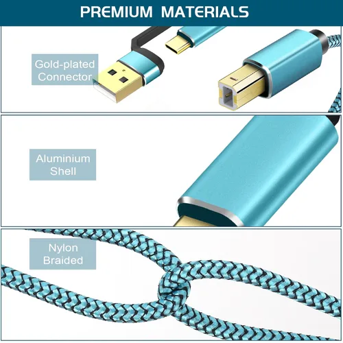 Vista 6 de Cable de impresora de 25 pies, cable USB C 2 en 1 y USB A a USB B, cable de impresora trenzado de nailon de alta velocidad para Mac, MacBook Pro