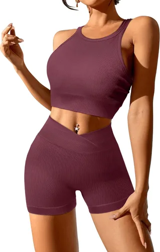 Vista 2 de JZC Conjuntos de entrenamiento para mujer, 2 piezas, acanalados, sin costuras, pantalones cortos de cintura alta, trajes de yoga