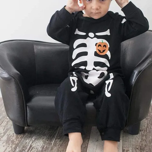 Vista 2 de Mameluco de Halloween para bebé recién nacido, traje de esqueleto con sombrero