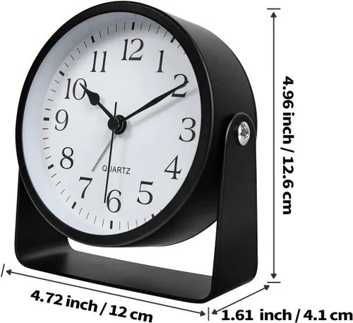 Vista 6 de Reloj despertador analógico, silencioso sin tictac, funciona con pilas con luz suave nocturna bajo demanda, reloj de escritorio de metal giratorio