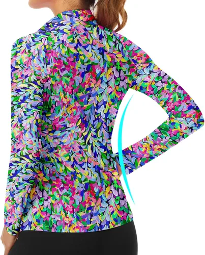 Vista 6 de WOWENY - Camiseta de manga larga con cremallera de 1/4 para mujer, con cuello, para hacer deporte, con estampado, para tenis Hoja multicolor.