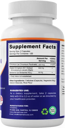 Vista 8 de Vitamatic Canela de Ceilán y berberina con cromo - Extracto botánico a base de plantas - Cápsulas vegetales - Sin OMG, sin gluten - Suplemento