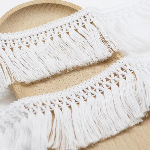 Vista 7 de Yalulu Cinta de algodón con borlas de algodón de 10 yardas, 2.36 pulgadas, costura de macramé bohemio para ropa, cortina, almohada, alfombra, Beige