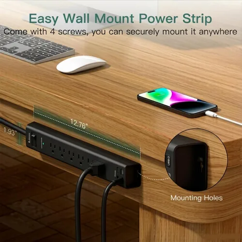 Vista 5 de Addtam Power Strip Surge Protector with 6 AC Outlets 4 USB Ports (2 USB-C), Flat Plug Extension Cord 5ft, Multi Outlet Extender, Wall Mount Desk