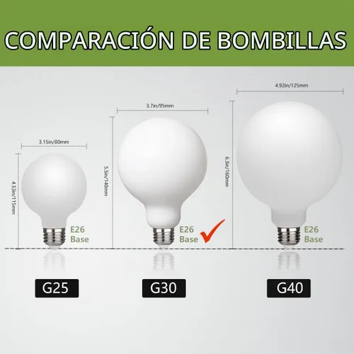 Vista 3 de Paquete de 2 bombillas LED globo G30 (G95), bombillas LED Edison regulables de 5.5W equivalentes a 50 vatios, blanco cálido 2700K, 500LM, base E26