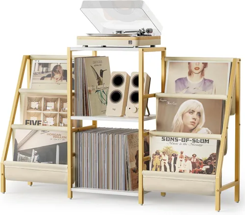 Vista 10 de Soporte para Reproductor de Discos, Soporte para Tocadiscos con Almacenamiento para 300 Discos de Vinilo, Mesa para Reproductor de Discos
