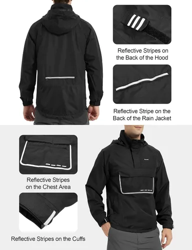 Vista 5 de KUTOOK Chaqueta impermeable para hombre con capucha reflectante, rompevientos, ligera, transpirable, con bolsillos
