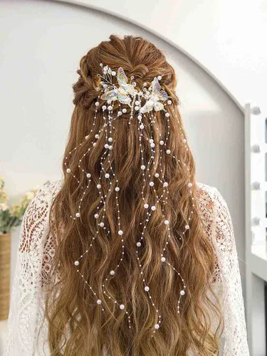 Vista 5 de CASDRE Mariposas novia boda pelo vid plata perla novia diadema diadema Rhinestone accesorios para el cabello para mujeres y niñas