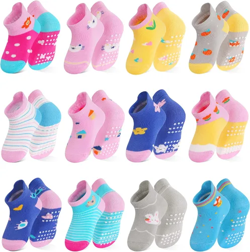 Vista 13 de Calcetines SkiBeaut para niños con agarre, 12 pares de calcetines antideslizantes para niños, calcetines de casa para bebés, niños y niñas de 0 a 7