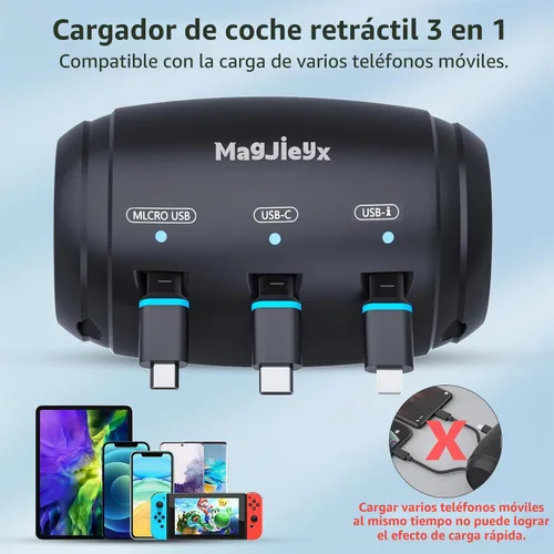 Vista 2 de MAGJIEYX Caja de Estación de Carga Retractable Multi para Coche, 3 en 1, Soporte de Carga Rápida para Reposacabezas, Cable de Carga USB Tipo C