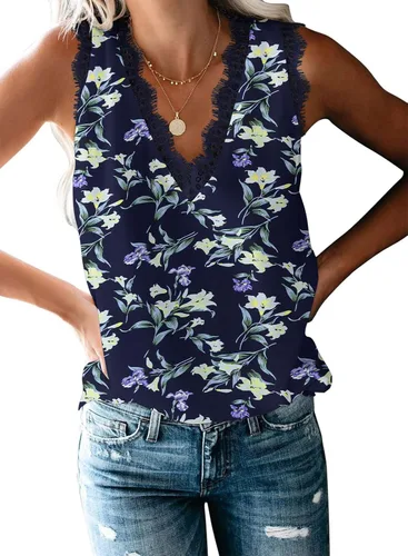 Vista 192 de VIISHOW - Camiseta sin mangas, sexy, con cuello en V y bordes de encaje para mujer, camisola de vestir, camisas de gasa, sin mangas, casuales