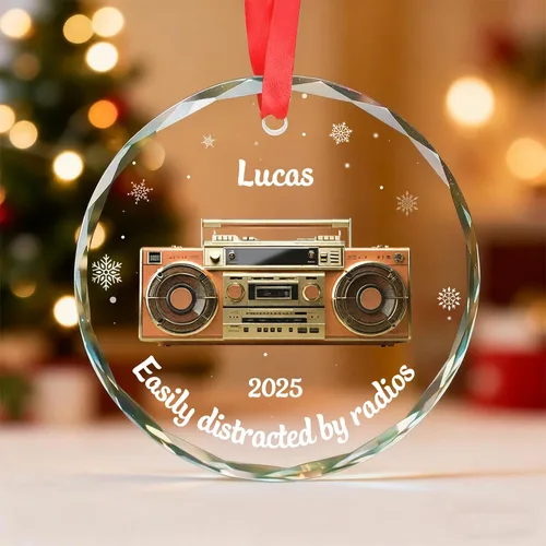 Vista 7 de Personalized Radio Lover Glass Ornament, Custom Retro Boombox Christmas Keepsake with Name and Year, for Music Fans, Xmas Gifts 2025