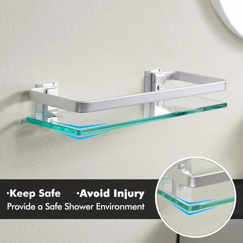 Vista 7 de KES Estantes de vidrio para baño, estantes flotantes de vidrio templado de 14 pulgadas de aluminio extra grueso, paquete de 2 organizadores