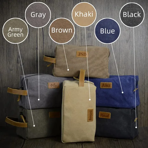 Vista 2 de Neceser personalizado para hombres, kit de aseo personalizado de lona para afeitar, bolsa de aseo grabada con láser, kit de lona de cuero