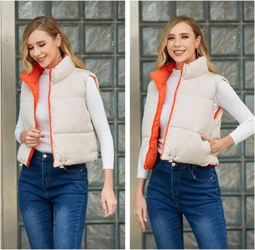Vista 6 de AJUVEN Chaleco corto de invierno para mujer, ligero, reversible, cálido, chaleco acolchado, chaleco acolchado