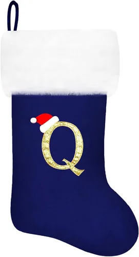 Vista 86 de Calcetines de Navidad bordados de 20 pulgadas con monograma, terciopelo negro con puño de felpa blanca supersuave, adornos clásicos para decoración