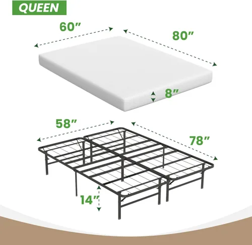 Vista 2 de Base de cama de plataforma metálica de 14 pulgadas con soporte de listones de acero, base de colchón con colchón de espuma viscoelástica de 8