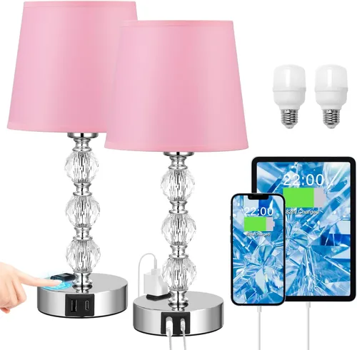 Vista 8 de Juego de 2 lámparas de mesa de cristal para dormitorio/sala de estar, 14.6 pulgadas (rosa)