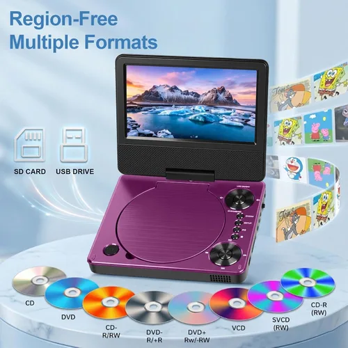 Vista 4 de HotHat Reproductor de DVD portátil de 7.5 pulgadas con pantalla giratoria Púrpura