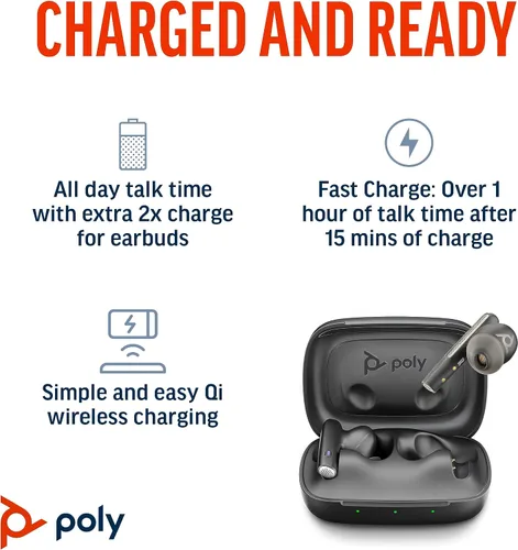Vista 2 de Poly Voyager Free 60 UC True Wireless Earbuds (Plantronics) – Micrófonos con cancelación de ruido para llamadas claras – ANC – Estuche de carga