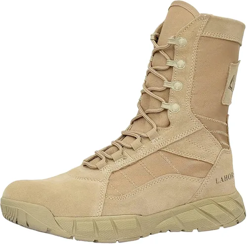 Vista 8 de Botas militares tácticas ligeras para hombre, botas de combate con cremallera lateral anticolisión con cordones para senderismo al aire libre
