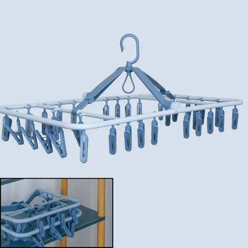 Vista 7 de Foshine Perchas plegables con clip, color azul, con 32 clips de secado, gancho a prueba de viento para ropa interior, calcetines, brasieres, ropa
