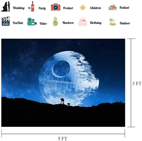 Vista 2 de EOA Telón de fondo azul de fotografía de estrella de la muerte de 5 pulgadas de ancho x 3 pies de alto, superarma galáctica, fanáticos de Star Wars