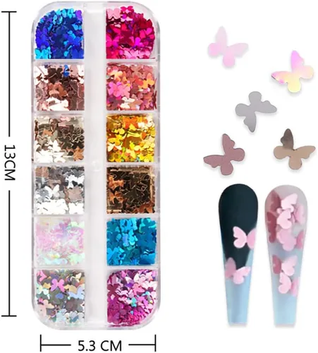 Vista 7 de 12 rejillas holográficas de mariposa para arte de uñas, lentejuelas con purpurina láser 3D brillantes para diseño de uñas acrílicas, paillettes