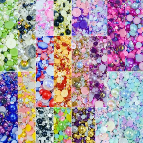 Vista 4 de Cuentas de resina con diamantes de imitación, mitad redonda, cuentas de perlas planas de 30 g, cuentas de media perla con diamantes de imitación